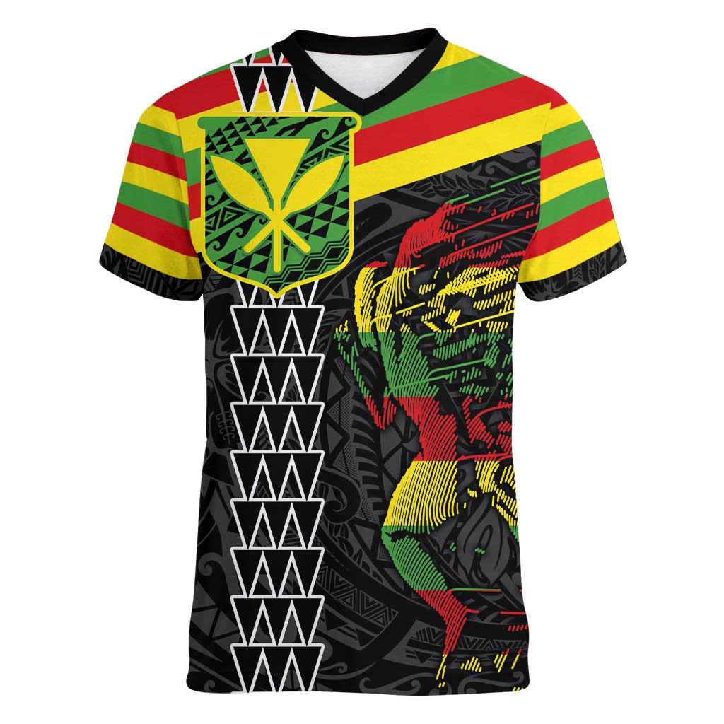 Kanaka Maoli Running Women V-Neck T-Shirt Kakau Pattern with Kanaka Maoli Flag Color LT03 Female Black - Polynesian Pride
