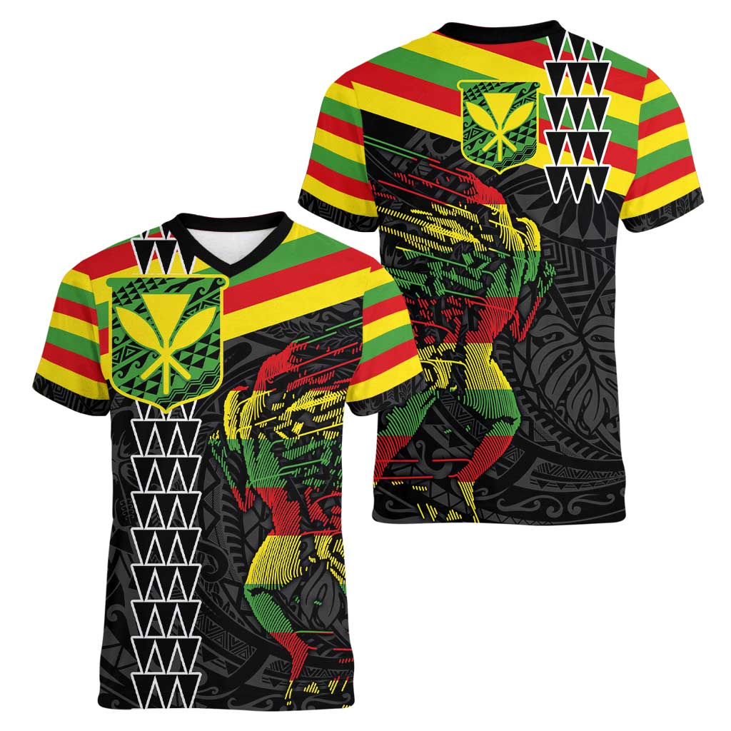 Kanaka Maoli Running Women V-Neck T-Shirt Kakau Pattern with Kanaka Maoli Flag Color LT03 - Polynesian Pride