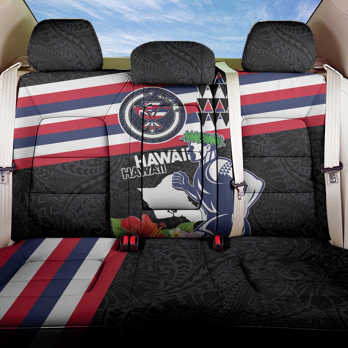 Honolulu Running Race Back Car Seat Cover Hawaii Marathon Kakau Art with Hibiscus and National Flag Style LT03 One Size Blue and White - Polynesian Pride
