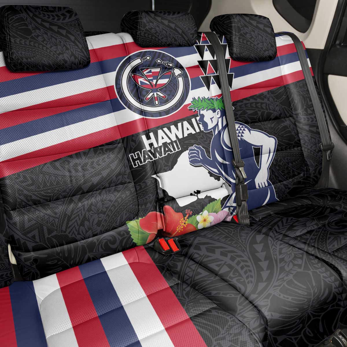 Honolulu Running Race Back Car Seat Cover Hawaii Marathon Kakau Art with Hibiscus and National Flag Style LT03 - Polynesian Pride