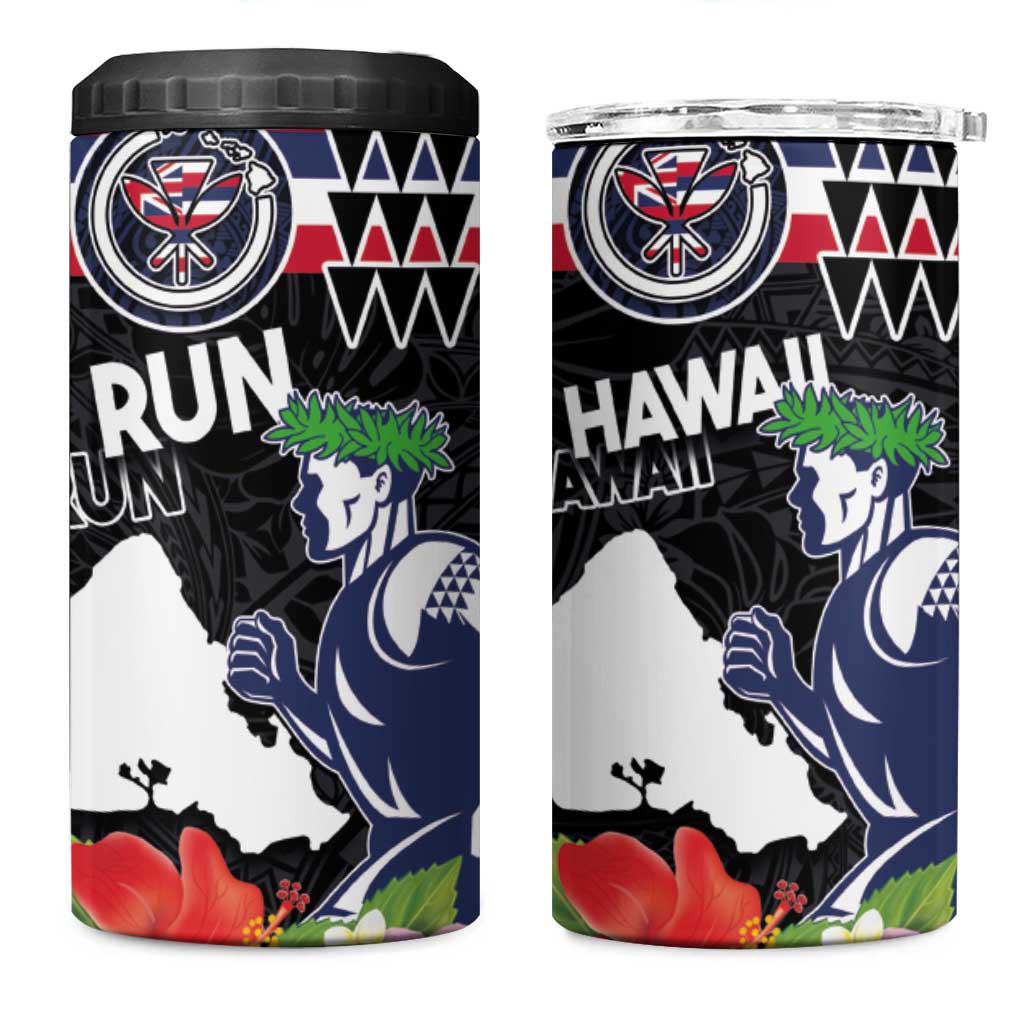 Honolulu Running Race 4 in 1 Can Cooler Tumbler Hawaii Marathon Kakau Art with Hibiscus and National Flag Style LT03 One Size: 16 oz Blue and White - Polynesian Pride