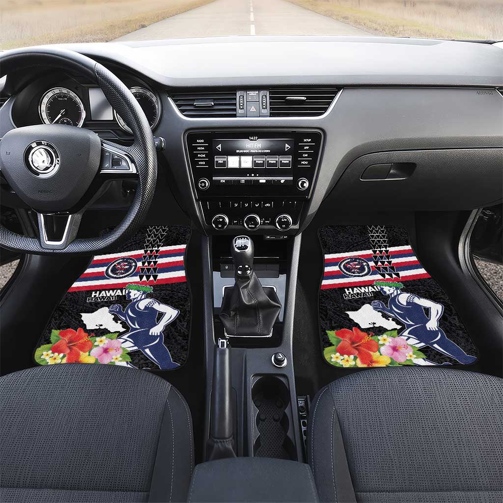 Honolulu Running Race Car Mats Hawaii Marathon Kakau Art with Hibiscus and National Flag Style LT03 Set 2pcs - Front Blue and White - Polynesian Pride