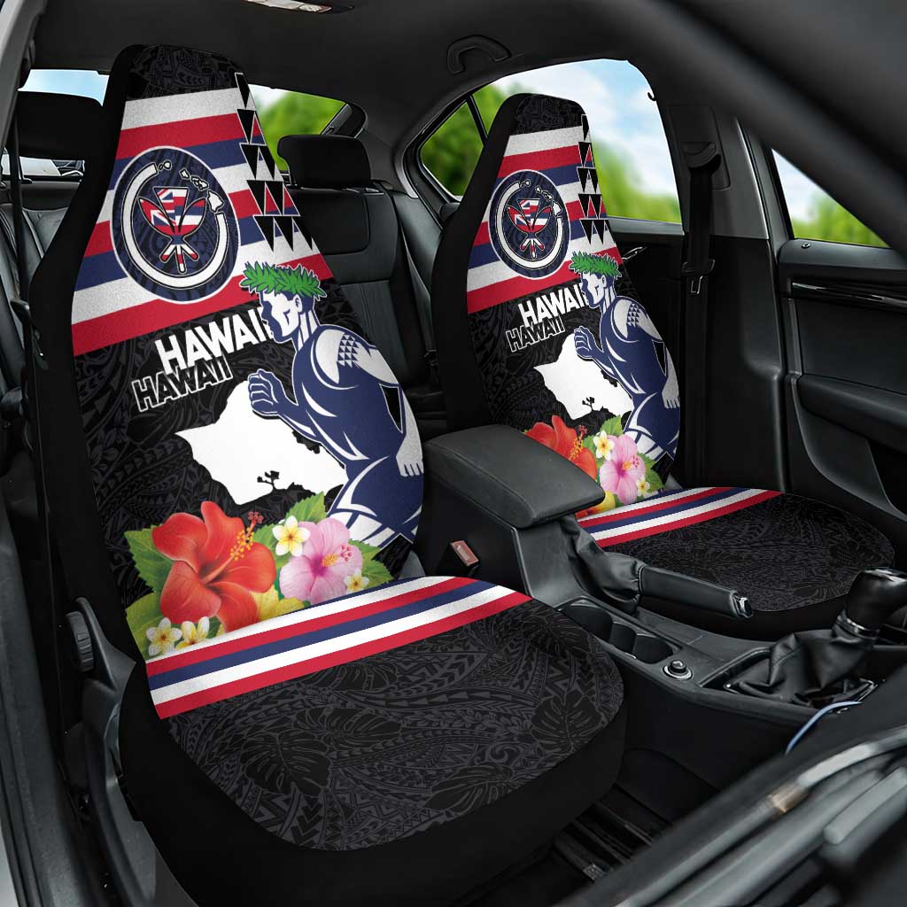 Honolulu Running Race Car Seat Cover Hawaii Marathon Kakau Art with Hibiscus and National Flag Style LT03 One Size Blue and White - Polynesian Pride