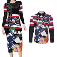 Honolulu Running Race Couples Matching Long Sleeve Bodycon Dress and Long Sleeve Button Shirt Hawaii Marathon Kakau Art with Hibiscus and National Flag Style LT03 Blue and White - Polynesian Pride