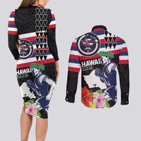 Honolulu Running Race Couples Matching Long Sleeve Bodycon Dress and Long Sleeve Button Shirt Hawaii Marathon Kakau Art with Hibiscus and National Flag Style LT03 - Polynesian Pride