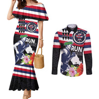 Honolulu Running Race Couples Matching Mermaid Dress and Long Sleeve Button Shirt Hawaii Marathon Kakau Art with Hibiscus and National Flag Style LT03 Blue and White - Polynesian Pride