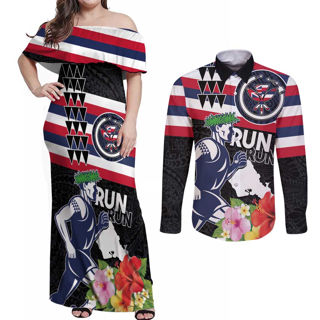 Honolulu Running Race Couples Matching Off Shoulder Maxi Dress and Long Sleeve Button Shirt Hawaii Marathon Kakau Art with Hibiscus and National Flag Style LT03 Blue and White - Polynesian Pride