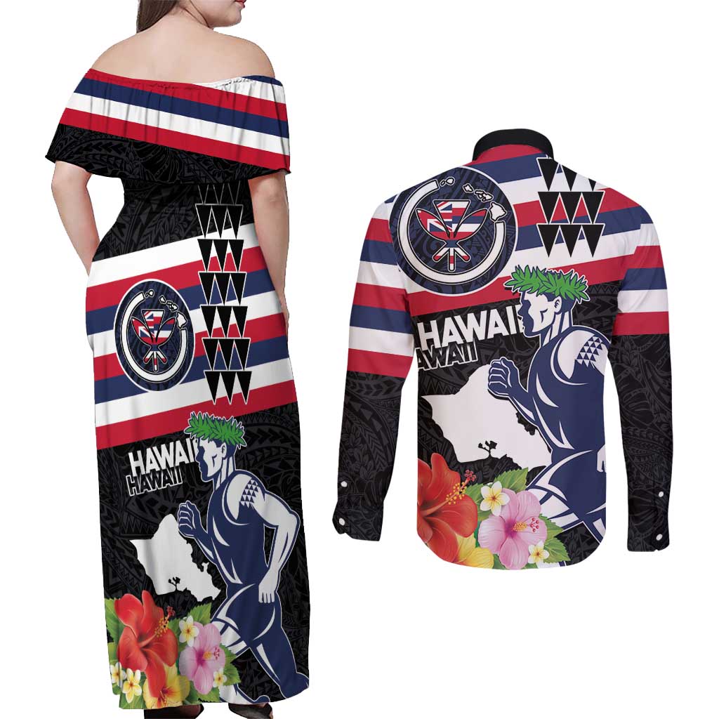 Honolulu Running Race Couples Matching Off Shoulder Maxi Dress and Long Sleeve Button Shirt Hawaii Marathon Kakau Art with Hibiscus and National Flag Style LT03 - Polynesian Pride