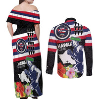 Honolulu Running Race Couples Matching Off Shoulder Maxi Dress and Long Sleeve Button Shirt Hawaii Marathon Kakau Art with Hibiscus and National Flag Style LT03 - Polynesian Pride
