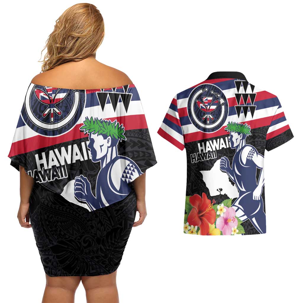 Honolulu Running Race Couples Matching Off Shoulder Short Dress and Hawaiian Shirt Hawaii Marathon Kakau Art with Hibiscus and National Flag Style LT03 - Polynesian Pride