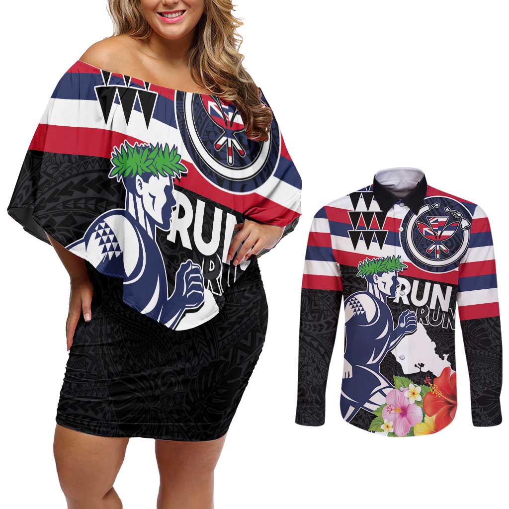 Honolulu Running Race Couples Matching Off Shoulder Short Dress and Long Sleeve Button Shirt Hawaii Marathon Kakau Art with Hibiscus and National Flag Style LT03 Blue and White - Polynesian Pride