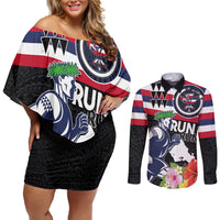Honolulu Running Race Couples Matching Off Shoulder Short Dress and Long Sleeve Button Shirt Hawaii Marathon Kakau Art with Hibiscus and National Flag Style LT03 Blue and White - Polynesian Pride