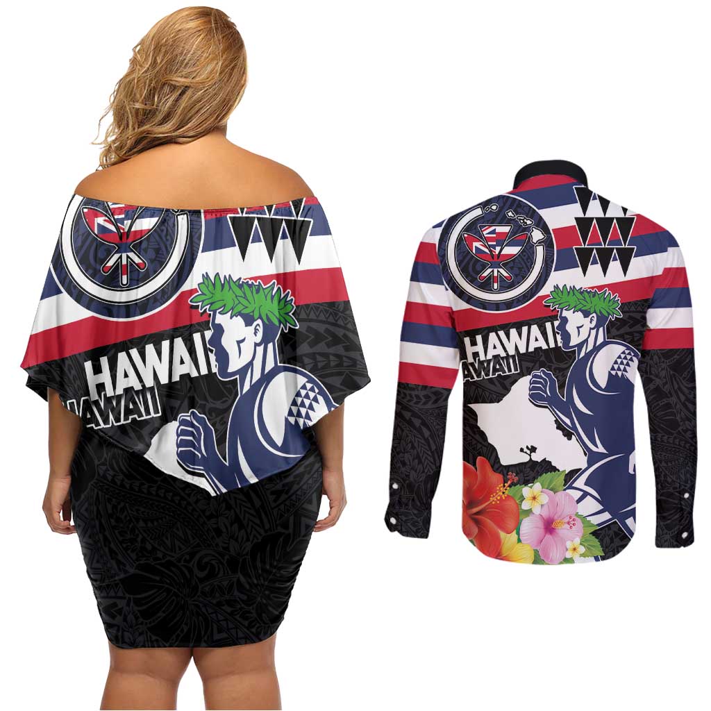 Honolulu Running Race Couples Matching Off Shoulder Short Dress and Long Sleeve Button Shirt Hawaii Marathon Kakau Art with Hibiscus and National Flag Style LT03 - Polynesian Pride