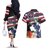 Honolulu Running Race Couples Matching Off The Shoulder Long Sleeve Dress and Hawaiian Shirt Hawaii Marathon Kakau Art with Hibiscus and National Flag Style LT03 - Polynesian Pride