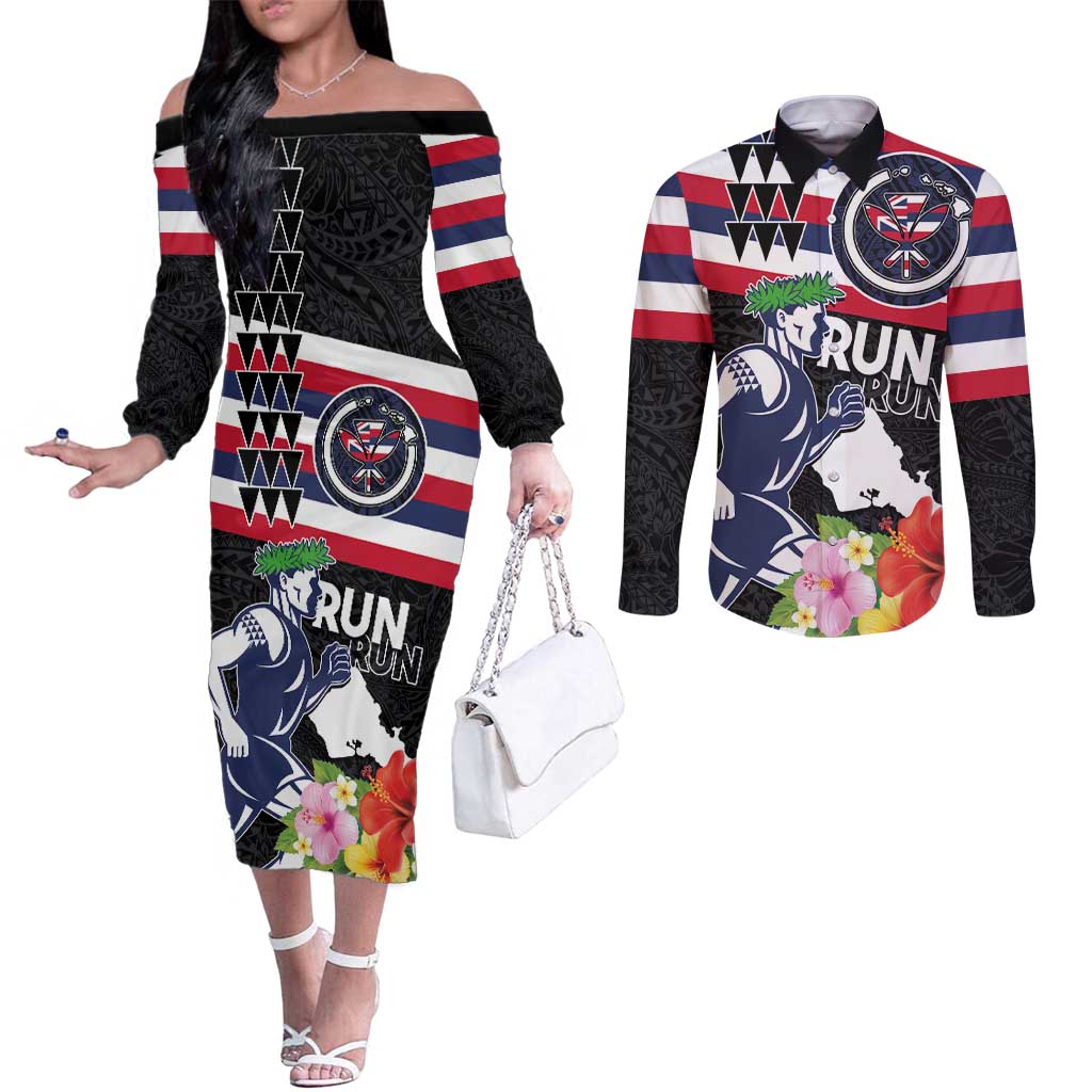 Honolulu Running Race Couples Matching Off The Shoulder Long Sleeve Dress and Long Sleeve Button Shirt Hawaii Marathon Kakau Art with Hibiscus and National Flag Style LT03 Blue and White - Polynesian Pride