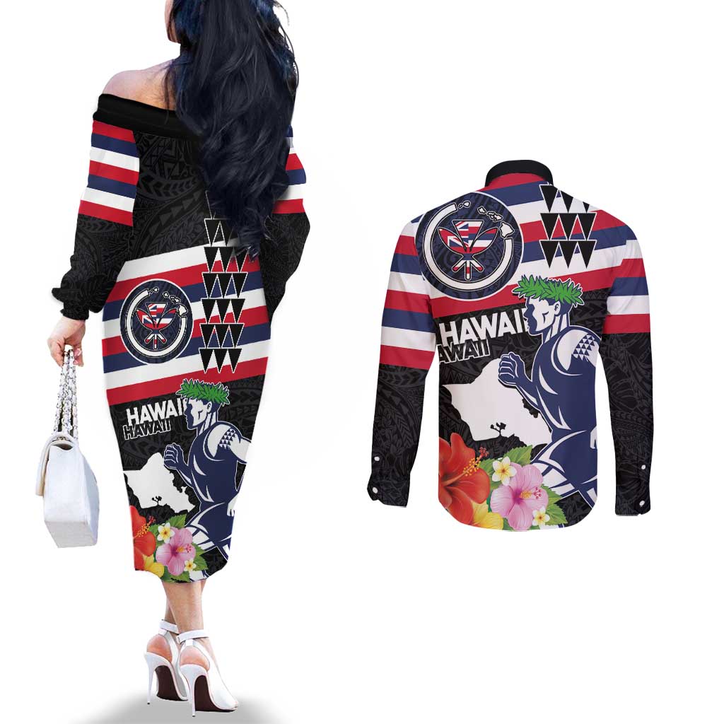 Honolulu Running Race Couples Matching Off The Shoulder Long Sleeve Dress and Long Sleeve Button Shirt Hawaii Marathon Kakau Art with Hibiscus and National Flag Style LT03 - Polynesian Pride