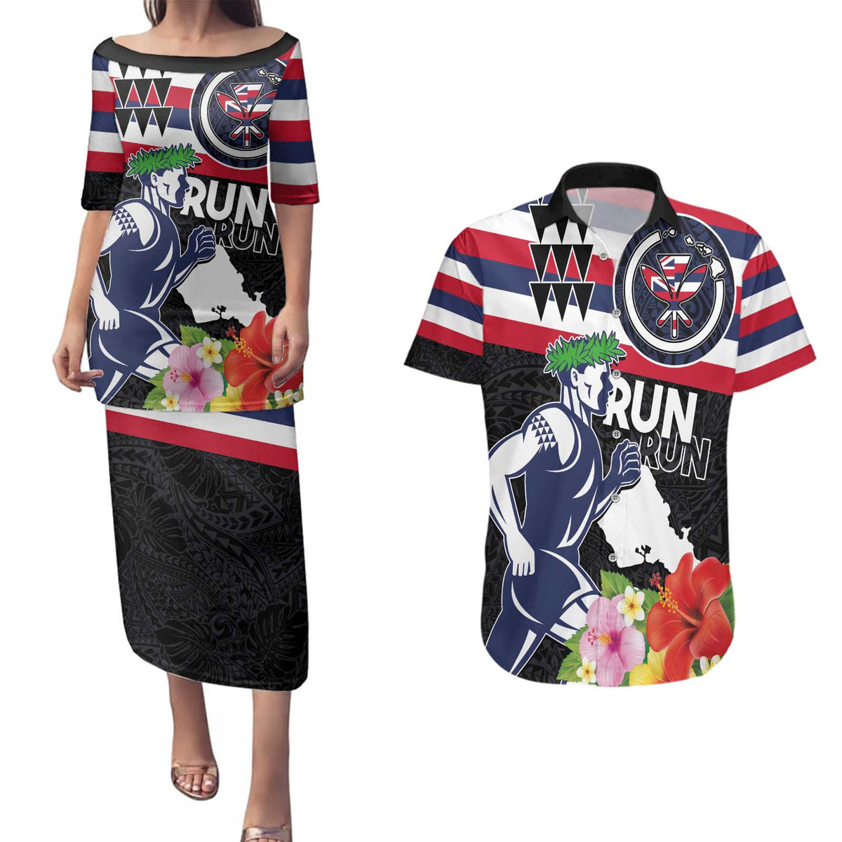 Honolulu Running Race Couples Matching Puletasi and Hawaiian Shirt Hawaii Marathon Kakau Art with Hibiscus and National Flag Style LT03 Blue and White - Polynesian Pride