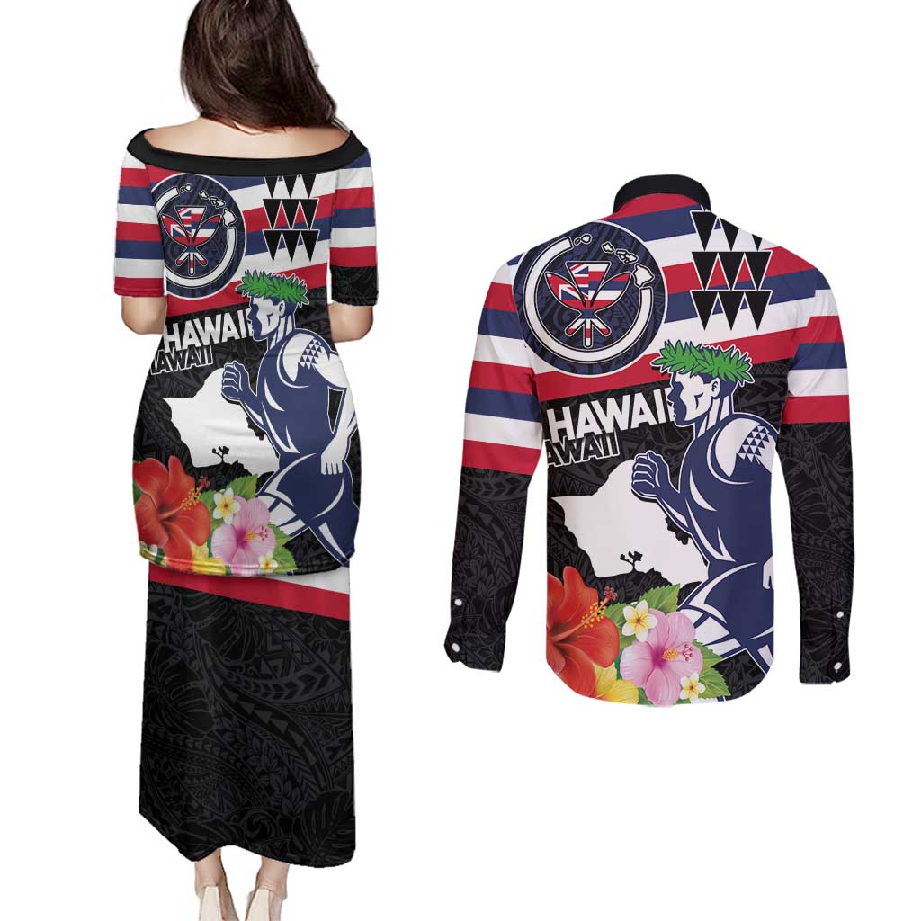 Honolulu Running Race Couples Matching Puletasi and Long Sleeve Button Shirt Hawaii Marathon Kakau Art with Hibiscus and National Flag Style LT03 - Polynesian Pride
