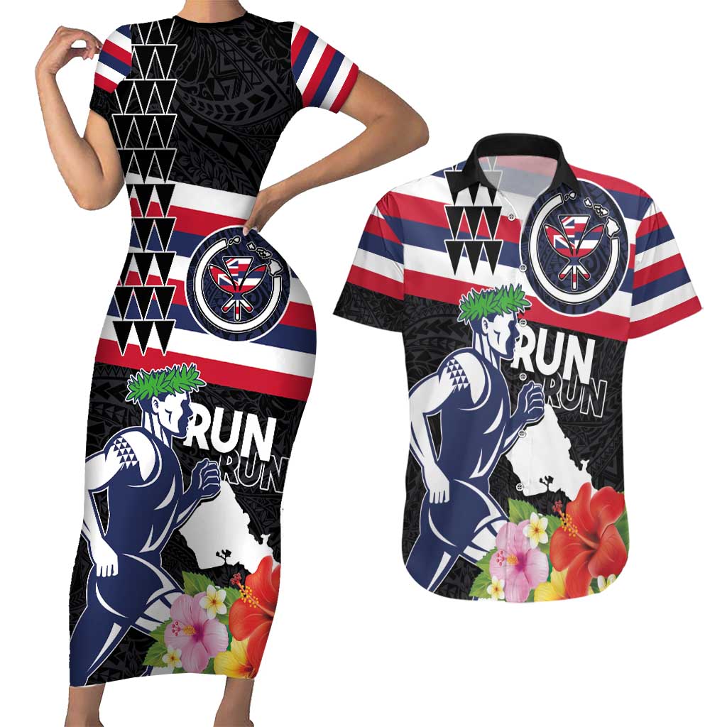Honolulu Running Race Couples Matching Short Sleeve Bodycon Dress and Hawaiian Shirt Hawaii Marathon Kakau Art with Hibiscus and National Flag Style LT03 Blue and White - Polynesian Pride