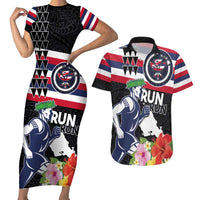 Honolulu Running Race Couples Matching Short Sleeve Bodycon Dress and Hawaiian Shirt Hawaii Marathon Kakau Art with Hibiscus and National Flag Style LT03 Blue and White - Polynesian Pride