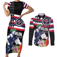 Honolulu Running Race Couples Matching Short Sleeve Bodycon Dress and Long Sleeve Button Shirt Hawaii Marathon Kakau Art with Hibiscus and National Flag Style LT03 Blue and White - Polynesian Pride