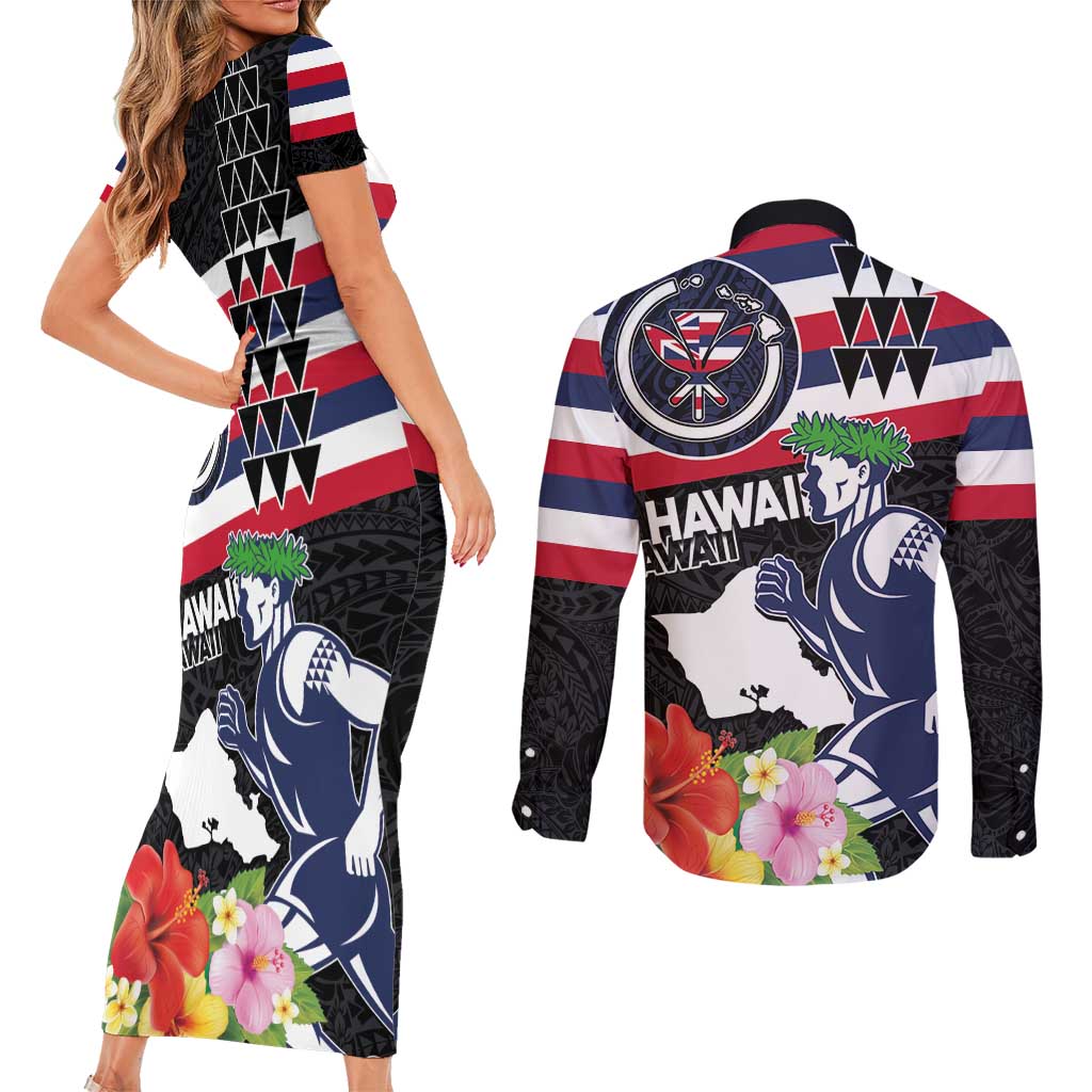 Honolulu Running Race Couples Matching Short Sleeve Bodycon Dress and Long Sleeve Button Shirt Hawaii Marathon Kakau Art with Hibiscus and National Flag Style LT03 - Polynesian Pride