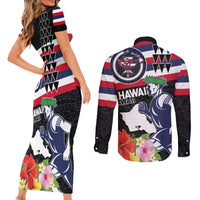 Honolulu Running Race Couples Matching Short Sleeve Bodycon Dress and Long Sleeve Button Shirt Hawaii Marathon Kakau Art with Hibiscus and National Flag Style LT03 - Polynesian Pride