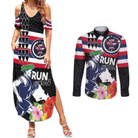 Honolulu Running Race Couples Matching Summer Maxi Dress and Long Sleeve Button Shirt Hawaii Marathon Kakau Art with Hibiscus and National Flag Style LT03 Blue and White - Polynesian Pride