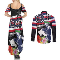 Honolulu Running Race Couples Matching Summer Maxi Dress and Long Sleeve Button Shirt Hawaii Marathon Kakau Art with Hibiscus and National Flag Style LT03 - Polynesian Pride