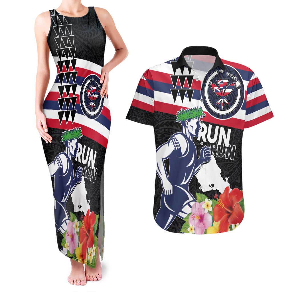 Honolulu Running Race Couples Matching Tank Maxi Dress and Hawaiian Shirt Hawaii Marathon Kakau Art with Hibiscus and National Flag Style LT03 Blue and White - Polynesian Pride