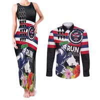Honolulu Running Race Couples Matching Tank Maxi Dress and Long Sleeve Button Shirt Hawaii Marathon Kakau Art with Hibiscus and National Flag Style LT03 Blue and White - Polynesian Pride