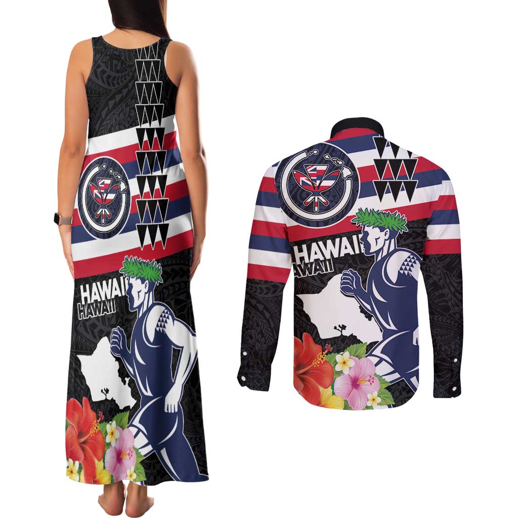 Honolulu Running Race Couples Matching Tank Maxi Dress and Long Sleeve Button Shirt Hawaii Marathon Kakau Art with Hibiscus and National Flag Style LT03 - Polynesian Pride