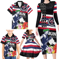 Honolulu Running Race Family Matching Long Sleeve Bodycon Dress and Hawaiian Shirt Hawaii Marathon Kakau Art with Hibiscus and National Flag Style LT03 - Polynesian Pride
