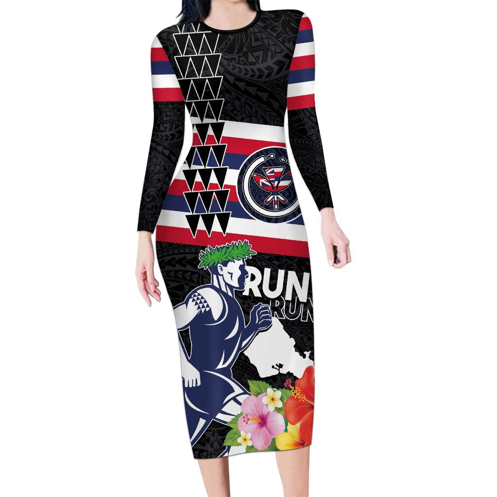 Honolulu Running Race Family Matching Long Sleeve Bodycon Dress and Hawaiian Shirt Hawaii Marathon Kakau Art with Hibiscus and National Flag Style LT03 Mom's Dress Blue and White - Polynesian Pride