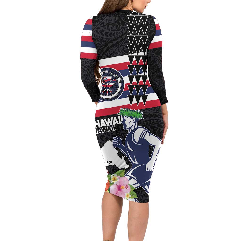 Honolulu Running Race Family Matching Long Sleeve Bodycon Dress and Hawaiian Shirt Hawaii Marathon Kakau Art with Hibiscus and National Flag Style LT03 - Polynesian Pride