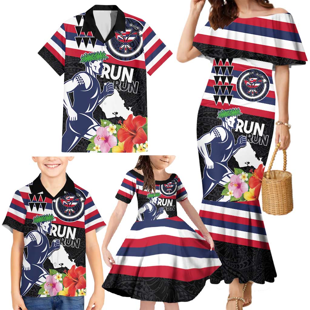 Honolulu Running Race Family Matching Mermaid Dress and Hawaiian Shirt Hawaii Marathon Kakau Art with Hibiscus and National Flag Style LT03 - Polynesian Pride