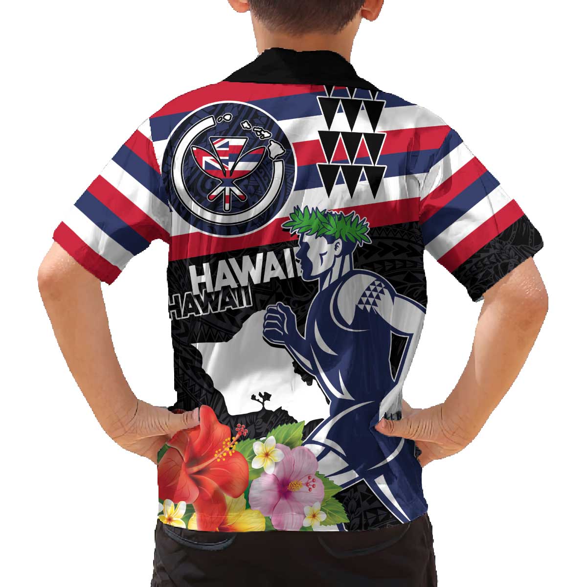 Honolulu Running Race Family Matching Off The Shoulder Long Sleeve Dress and Hawaiian Shirt Hawaii Marathon Kakau Art with Hibiscus and National Flag Style LT03 - Polynesian Pride