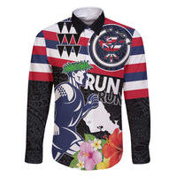 Honolulu Running Race Family Matching Off Shoulder Maxi Dress and Hawaiian Shirt Hawaii Marathon Kakau Art with Hibiscus and National Flag Style LT03 Dad's Shirt - Long Sleeve Blue and White - Polynesian Pride