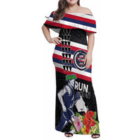 Honolulu Running Race Family Matching Off Shoulder Maxi Dress and Hawaiian Shirt Hawaii Marathon Kakau Art with Hibiscus and National Flag Style LT03 Mom's Dress Blue and White - Polynesian Pride