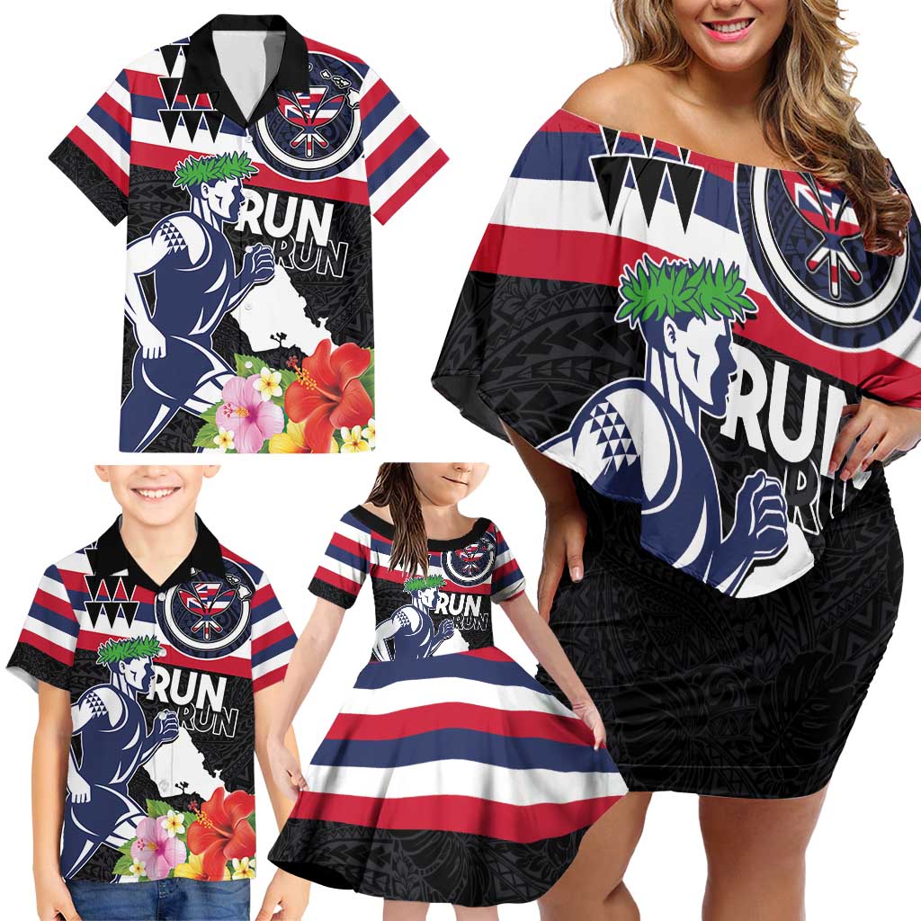Honolulu Running Race Family Matching Off Shoulder Short Dress and Hawaiian Shirt Hawaii Marathon Kakau Art with Hibiscus and National Flag Style LT03 - Polynesian Pride