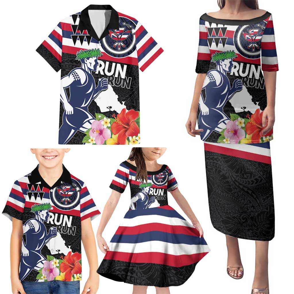 Honolulu Running Race Family Matching Puletasi and Hawaiian Shirt Hawaii Marathon Kakau Art with Hibiscus and National Flag Style LT03 - Polynesian Pride