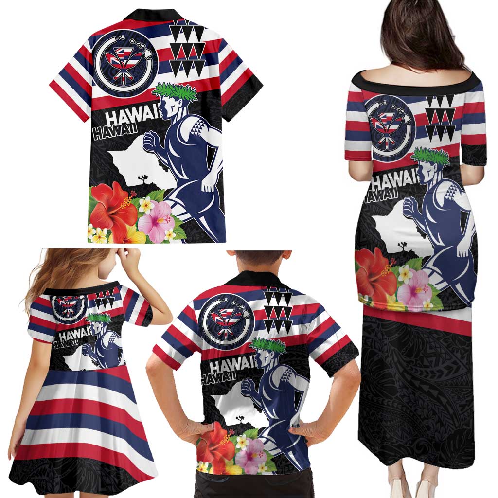 Honolulu Running Race Family Matching Puletasi and Hawaiian Shirt Hawaii Marathon Kakau Art with Hibiscus and National Flag Style LT03 - Polynesian Pride