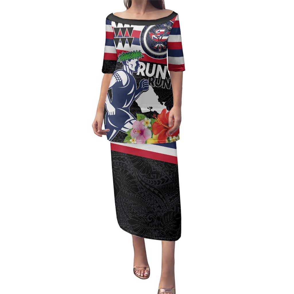 Honolulu Running Race Family Matching Puletasi and Hawaiian Shirt Hawaii Marathon Kakau Art with Hibiscus and National Flag Style LT03 Mom's Dress Blue and White - Polynesian Pride