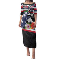 Honolulu Running Race Family Matching Puletasi and Hawaiian Shirt Hawaii Marathon Kakau Art with Hibiscus and National Flag Style LT03 Mom's Dress Blue and White - Polynesian Pride