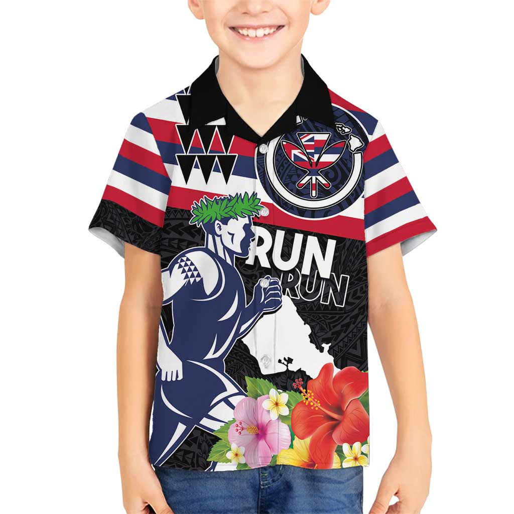 Honolulu Running Race Family Matching Puletasi and Hawaiian Shirt Hawaii Marathon Kakau Art with Hibiscus and National Flag Style LT03 Son's Shirt Blue and White - Polynesian Pride
