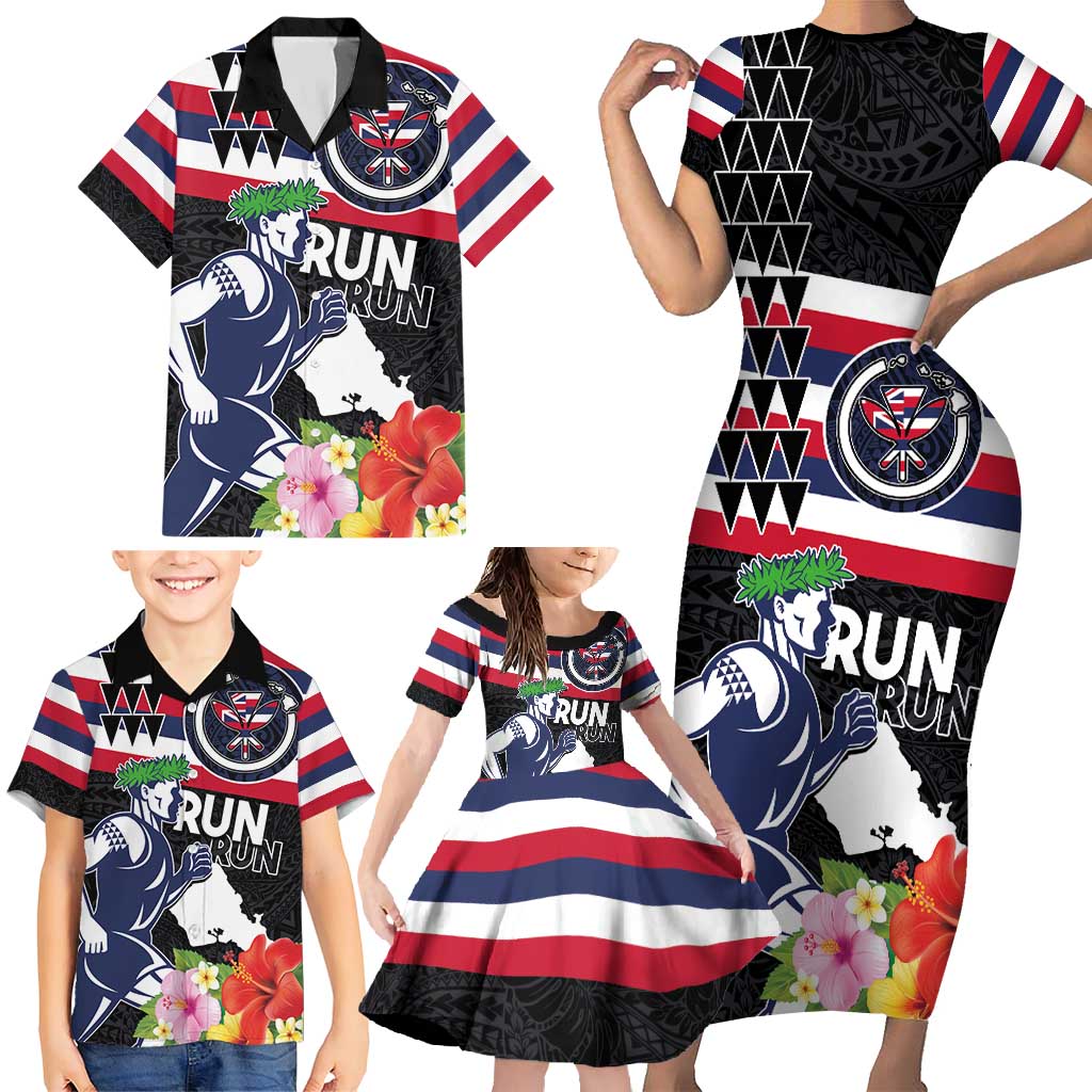 Honolulu Running Race Family Matching Short Sleeve Bodycon Dress and Hawaiian Shirt Hawaii Marathon Kakau Art with Hibiscus and National Flag Style LT03 - Polynesian Pride