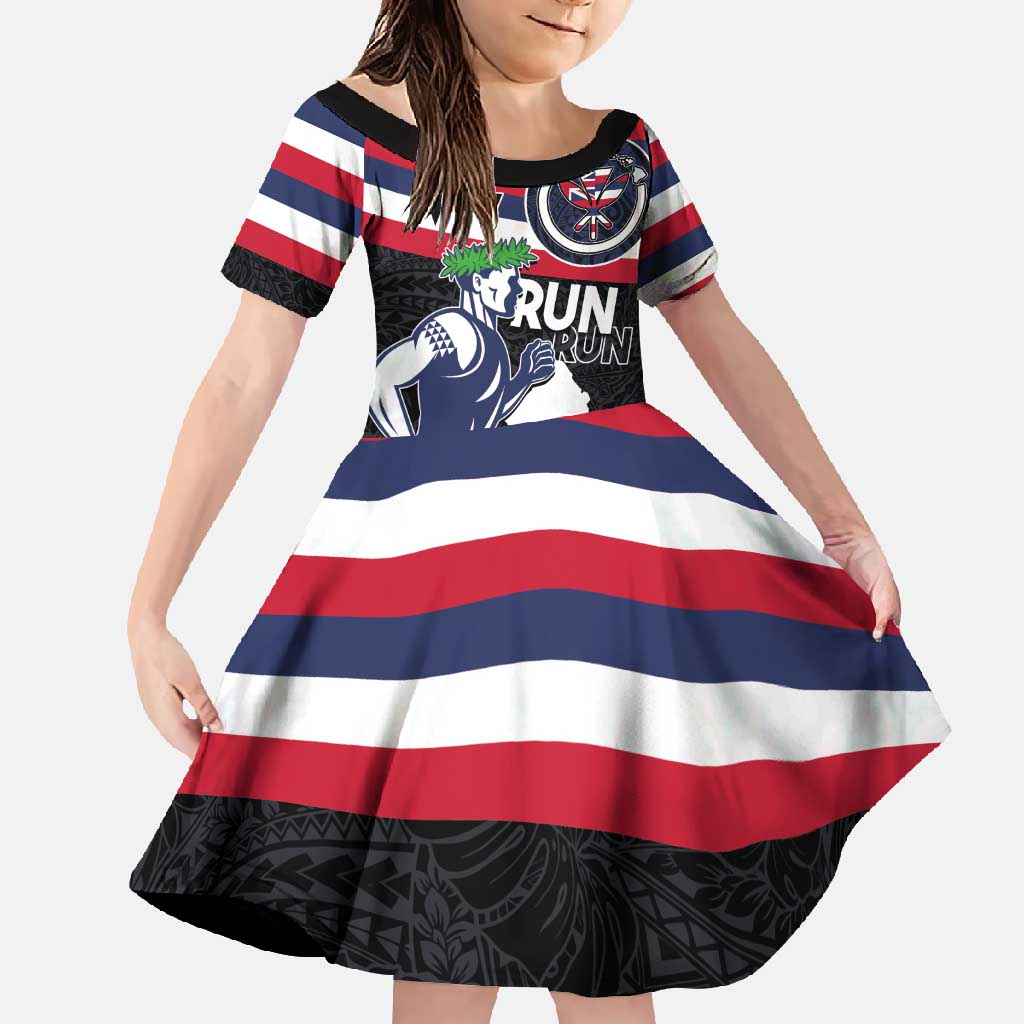 Honolulu Running Race Family Matching Summer Maxi Dress and Hawaiian Shirt Hawaii Marathon Kakau Art with Hibiscus and National Flag Style LT03 Daughter's Dress Blue and White - Polynesian Pride