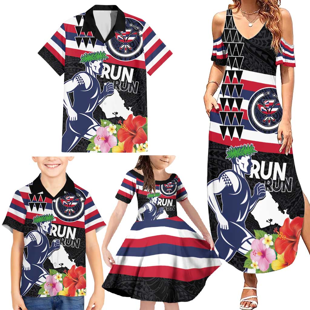 Honolulu Running Race Family Matching Summer Maxi Dress and Hawaiian Shirt Hawaii Marathon Kakau Art with Hibiscus and National Flag Style LT03 - Polynesian Pride