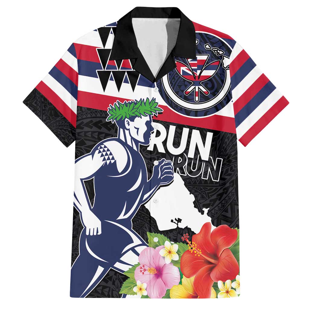 Honolulu Running Race Family Matching Summer Maxi Dress and Hawaiian Shirt Hawaii Marathon Kakau Art with Hibiscus and National Flag Style LT03 Dad's Shirt - Short Sleeve Blue and White - Polynesian Pride