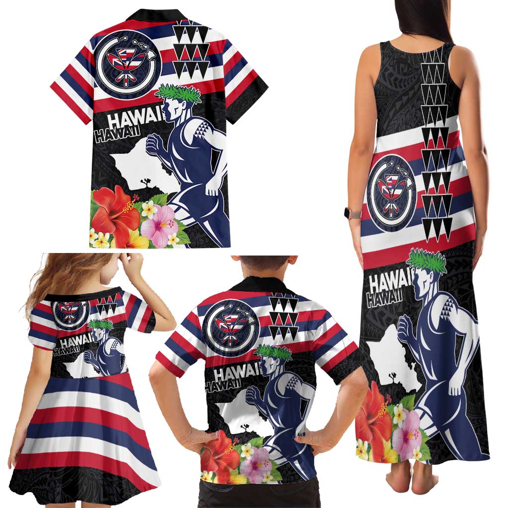Honolulu Running Race Family Matching Tank Maxi Dress and Hawaiian Shirt Hawaii Marathon Kakau Art with Hibiscus and National Flag Style LT03 - Polynesian Pride